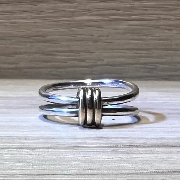 Vintage Designer Ed Levin Sterling Silver & Gold Signature Ring, Size 6 - Picture 1 of 13